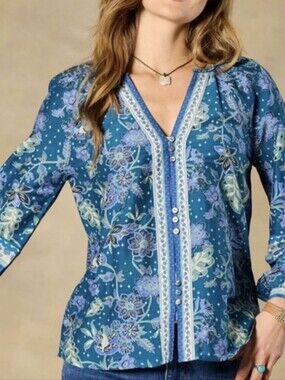 Sundance Teal & Blue Floral Button-Front Blouse Silk Blend